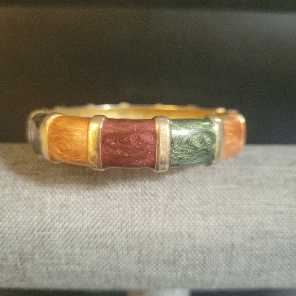 Vintage Multi Color Enamel Gold Tone Clamper Bangle Bracelet Size 7.25 Eclectic